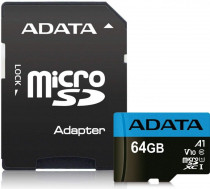 Карта памяти ADATA 64 Гб, microSDXC, чтение: 85 Мб/с, запись: 25 Мб/с, A1, V10, адаптер на SD, Premier (AUSDX64GUICL10A1-RA1)