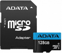Карта памяти ADATA 128 Гб, microSDXC, чтение: 100 Мб/с, запись: 25 Мб/с, A1, V10, адаптер на SD, Premier (AUSDX128GUICL10A1-RA1)
