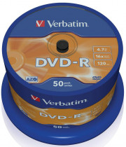 Диск DVD-R VERBATIM 4.7ГБ, 16x, 50шт., Cake Box, записываемый DVD диск (43548 50шт)