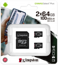 Карта памяти KINGSTON 64 Гб, microSDXC, чтение: 100 Мб/с, V10, адаптер на SD, Canvas Select Plus (SDCS2/64GB-2P1A)