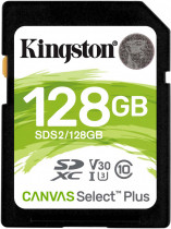 Карта памяти KINGSTON 128 Гб, SDXC, Secure Digital XC, чтение: 100 Мб/с, запись: 85 Мб/с, V30, Canvas Select Plus (SDS2/128GB)