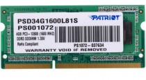 Память PATRIOT MEMORY 4 Гб, DDR3, 12800 Мб/с, CL11, 1.35 В, 1600MHz, SO-DIMM (PSD34G1600L81S)