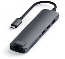 Док-станция SATECHI Type-C Slim Multiport with Ethernet Adapter. Цвет серый космос. Type-C Slim Multiport with Ethernet Adapter - Space gray (ST-UCSMA3M)