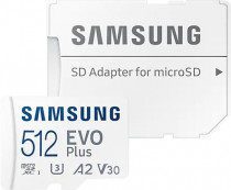 Карта памяти SAMSUNG 512 Гб, microSDXC, чтение: 130 Мб/с, A2, V30, адаптер на SD, EVO Plus, MB-MC512KA (MB-MC512KA/RU)
