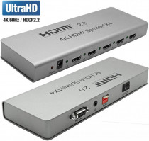 Разветвитель ORIENT HDMI 4K Splitter , 1-4, HDMI 2.0/3D, UHDTV 4K/ 60Hz (3840x2160)/HDTV1080p, HDCP2.2, EDID управление, RS232 порт, IR вход, внешний БП 5В/1.5А, метал.корпус (HSP0104H-2.0)