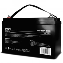 Аккумуляторная батарея SVEN SV 121000 (12V 100Ah), напряжение 12В, емкость 100А*ч, макс. ток разряда 1000А, макс. ток заряда 30А, свинцово-кислотная типа AGM, тип клемм B5, Д/Ш/В 307/168/211мм, 30кг/ Battery SV 121000 (12V 100Ah), 12V voltage, 100A*h capacity, max. discharging rate of 1000A, max. charging rate 30A, the type of lead-acid AGM, type lead terminal B5, L/W/H 307/168/211mm, 30kg (SV-012267)
