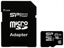 Карта памяти SILICON POWER 16 Гб, microSDHC, чтение: 40 Мб/с, запись: 15 Мб/с, адаптер на SD, Elite (SP016GBSTHBU1V10-SP)