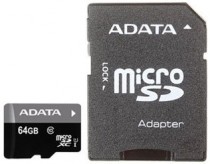 Карта памяти ADATA 64 Гб, microSDXC, адаптер на SD (AUSDX64GUICL10-RA1)