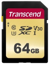 Карта памяти TRANSCEND 64 Гб, SDXC, Secure Digital XC, чтение: 95 Мб/с, запись: 60 Мб/с, V30 (TS64GSDC500S)