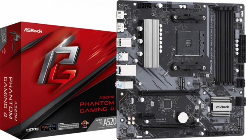 МатеринскаяплатаASROCKSocketAM4,AMDA520,4xDDR4,HDMI,DisplayPort,mATX(A520MPHANTOMGAMING4)